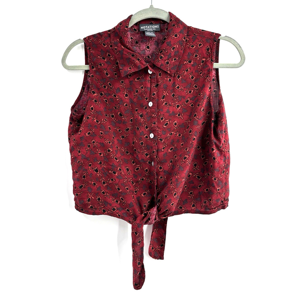 Notations Cropped Tie Front Top M Button Up Sleeveless Flashdance Red Tulips